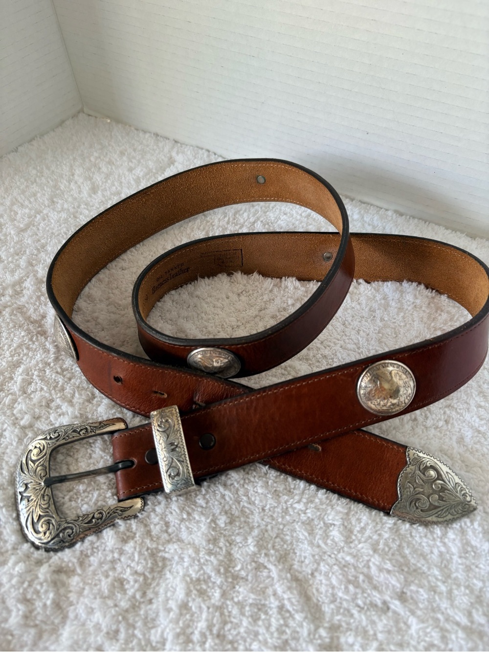 Western Men’s Oklahoma USA Made Half Dollar Concho Accent Brown Leather Belt 46”
